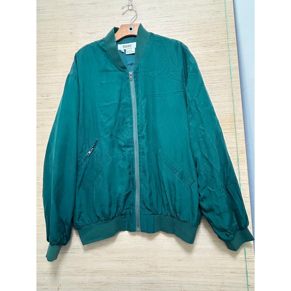 Silky Bomber‎ Jacket Green Silk Blend Zip Front Casual Size Medium